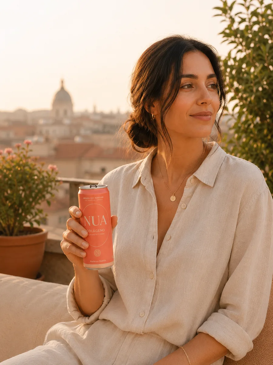Mujer disfrutando una lata de NUA Colágeno en una terraza con vistas a la ciudad al atardecer